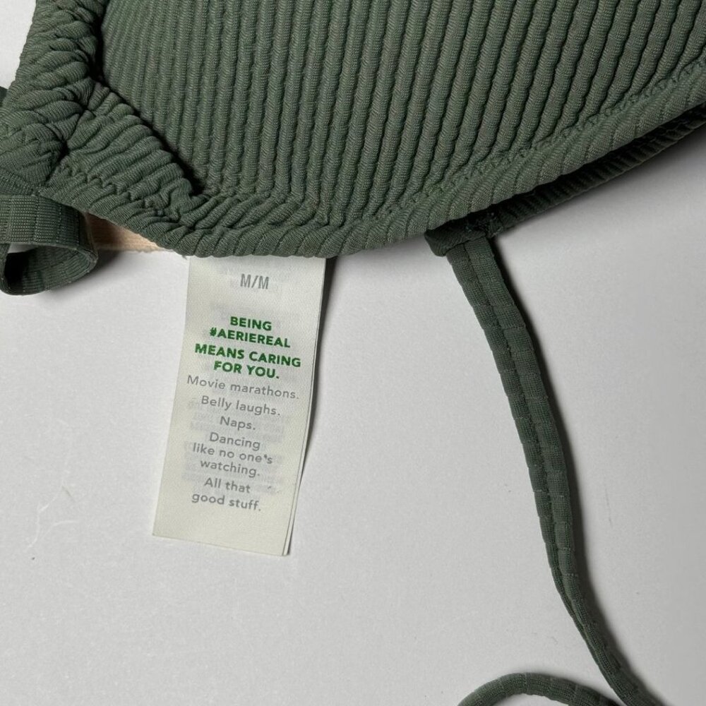 NWT Aerie Ribbed String Triangle Bikini Set Olive Green Medium Bathing Suit Boho - Picture 7 of 8